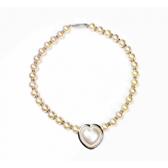 D’Orlan Vintage Heart Pendant Pearl Choker Necklace - Picture 2 of 6